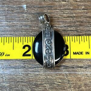 Sterling Silver 925 Black Onyx Statement Pendant Greek Key Scroll Design 1.5''